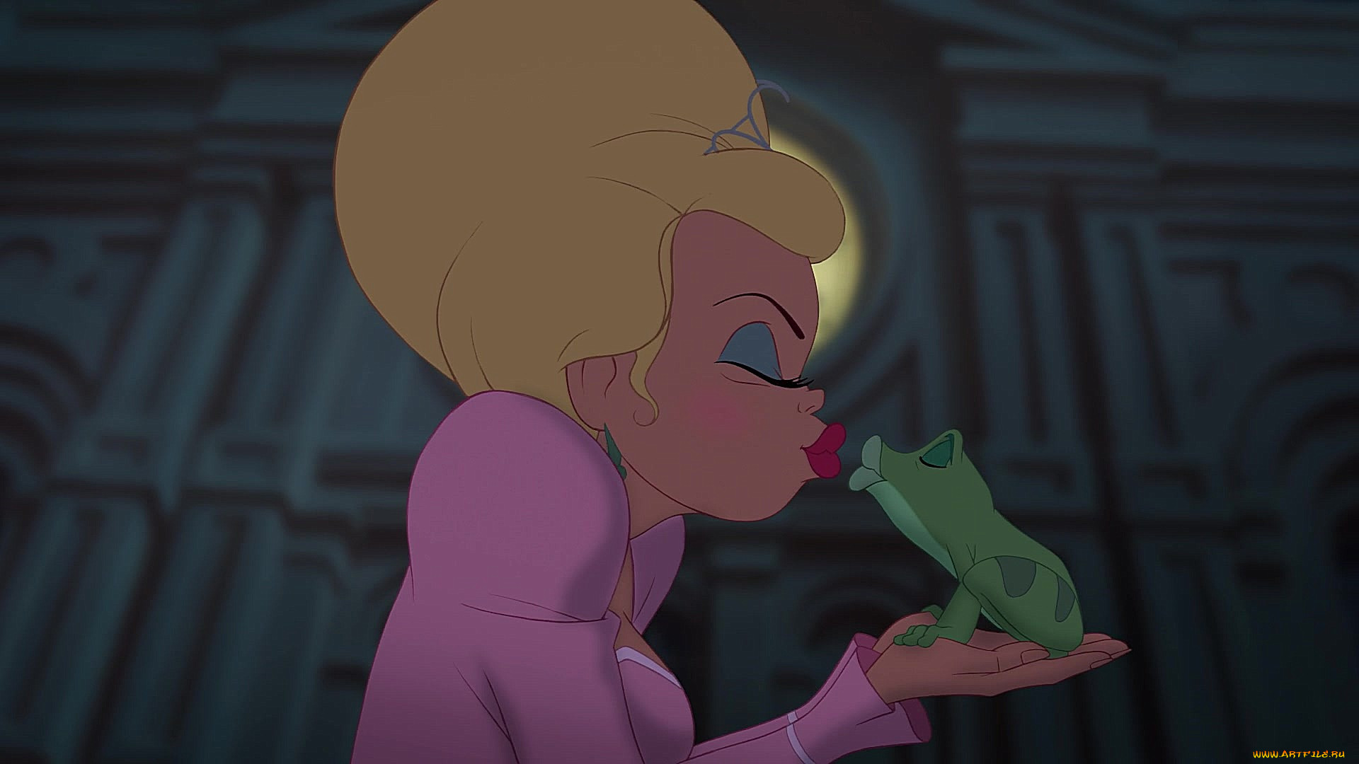 мультфильмы, the princess and the frog, принцесса, девушка, поцелуй, лягушк...
